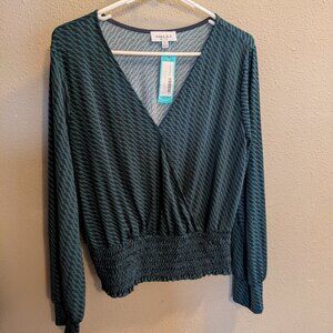 Navy and green wrap blouse